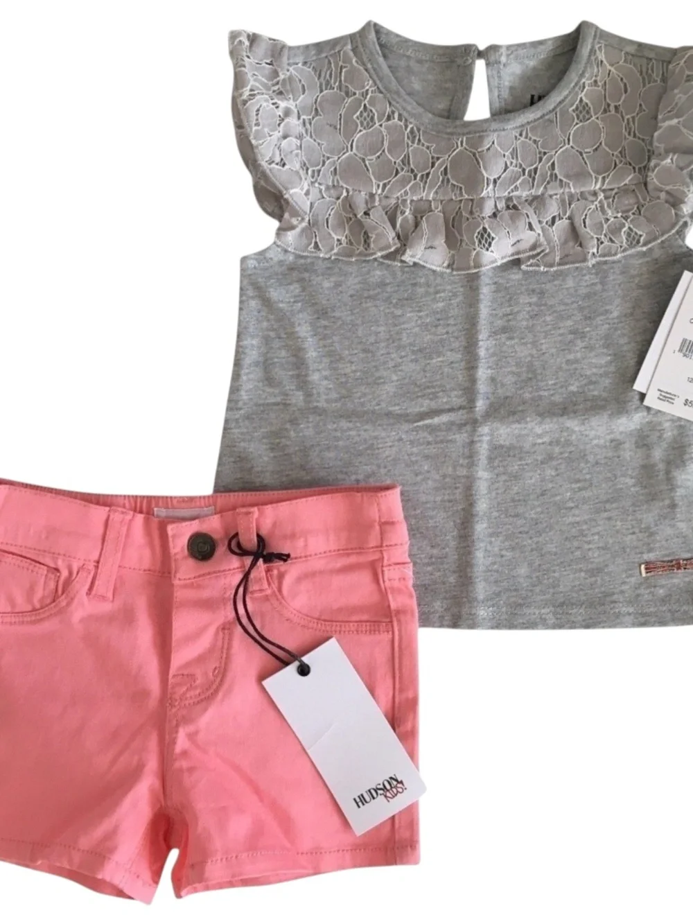 Hudson Baby Girls 2-Piece Lace Flutter Top & Shorts Set Gray/Pink Size 12M